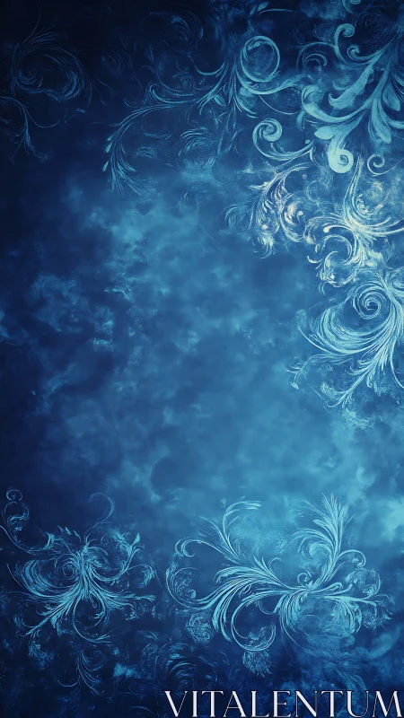 Frost arabesques drift like underwater constellations in blue