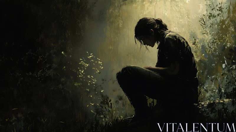 Solitary figure seated in dim forest clearing at dusk.