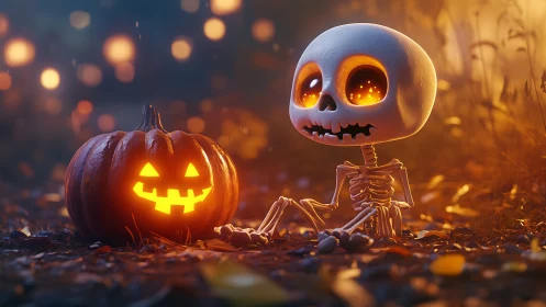 Tiny skeleton befriends glowing jack-o&rsquo;-lantern in dusk magic.