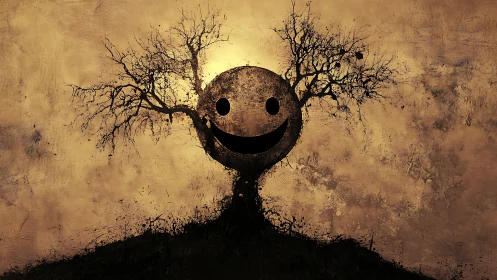 Surreal tree with smiling face against textured dusk sky.