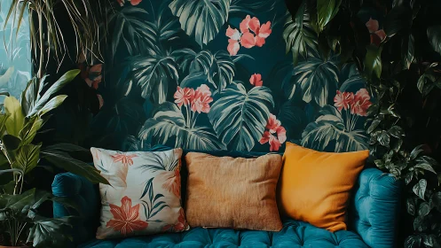 Teal sofa with mixed cushions before tropical leaf mural.