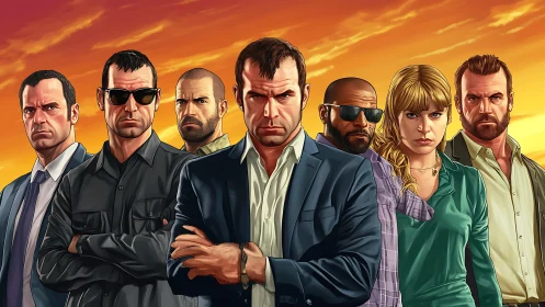 Stylized criminal ensemble under saturated sunset sky.