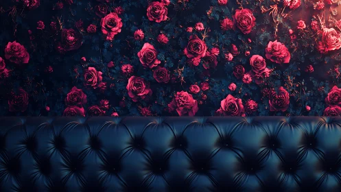 Dark tufted leather sofa against red rose floral wall.