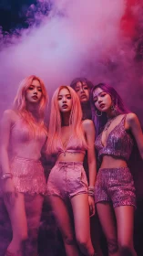 Four women in pink outfits within dense colored stage smoke.