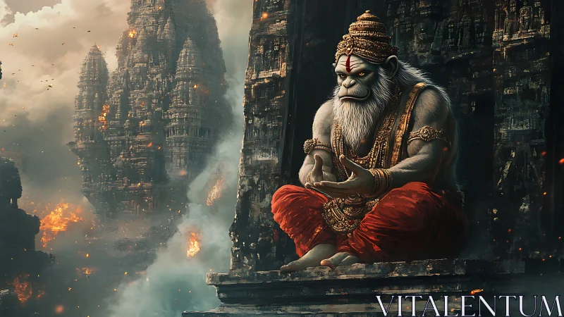 Simian deity figure sits before burning stone temples