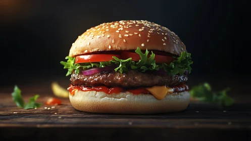Gourmet cheeseburger on rustic wood in dramatic lighting.