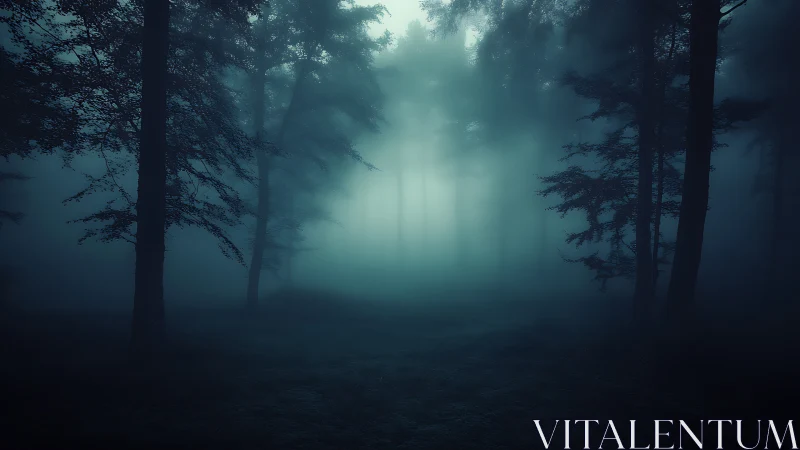 Soft blue mist drifting through a quiet midnight forest.