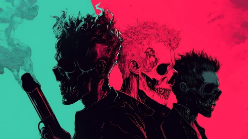 Neon skull outlaws in stark split-color portrait trio.