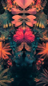 Dreamlit tropical jungle in mirrored neon foliage bloom.