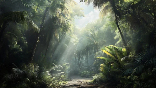 Sunlit Jungle Path Through Dense Tropical Forest.