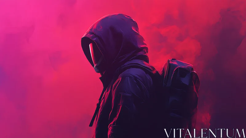 Hooded figure with backpack in neon pink smoke field.