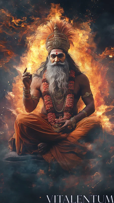 Seated robed sage figure before intense fiery backdrop.