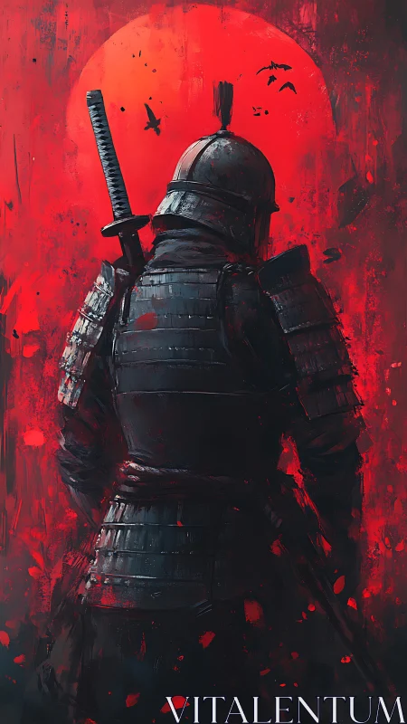 Armored samurai silhouette confronts crimson sun backdrop