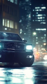 Low-angle sedan captures headlight glare on rain-slick city street