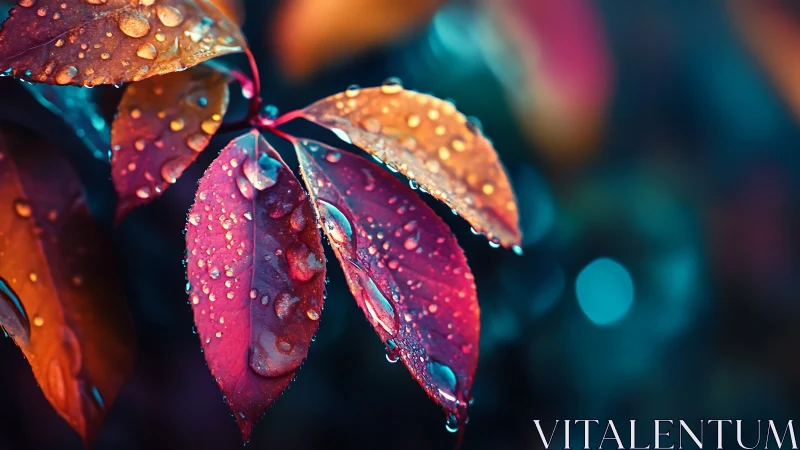 Glistening autumn leaves share a quiet, colorful rain-kissed glow