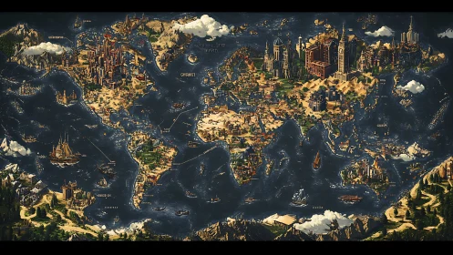 Illustrated world map with stylized cities and maritime routes.