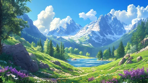 Sunlit alpine valley and lake beneath towering peaks.