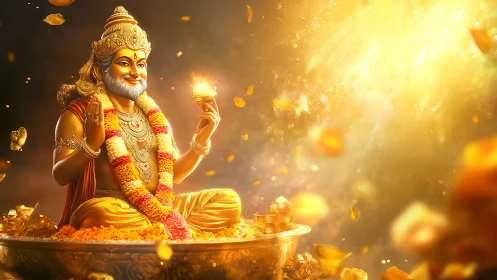 Golden deity statue radiates light in cascading petals glow.