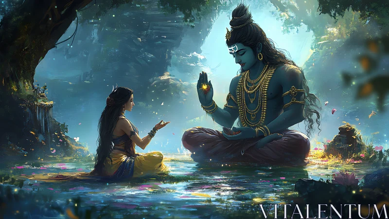 Divine blue figure grants glowing blessing beside devotee