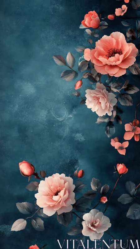 Coral peonies floating on deep teal textured background.