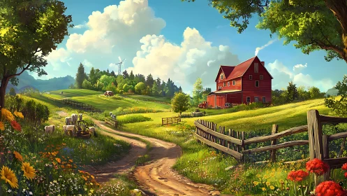 Sunny country lane winding toward a welcoming red barn.