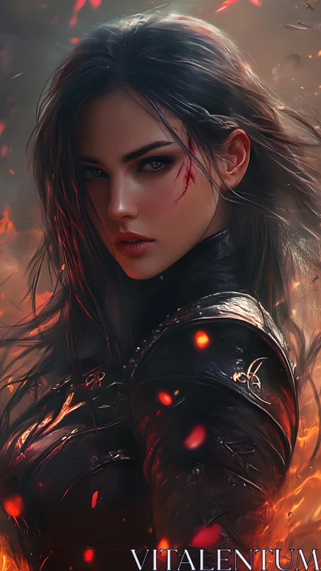 Armored female figure rendered in high detail amid rising embers