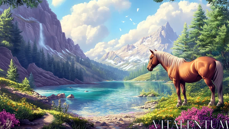 Sunlit chestnut horse surveys alpine lake in digital realism