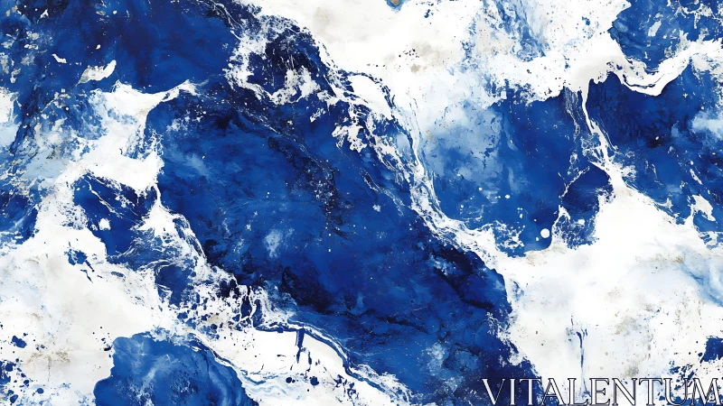 Abstract blue and white fluid art painting with marbled texture.