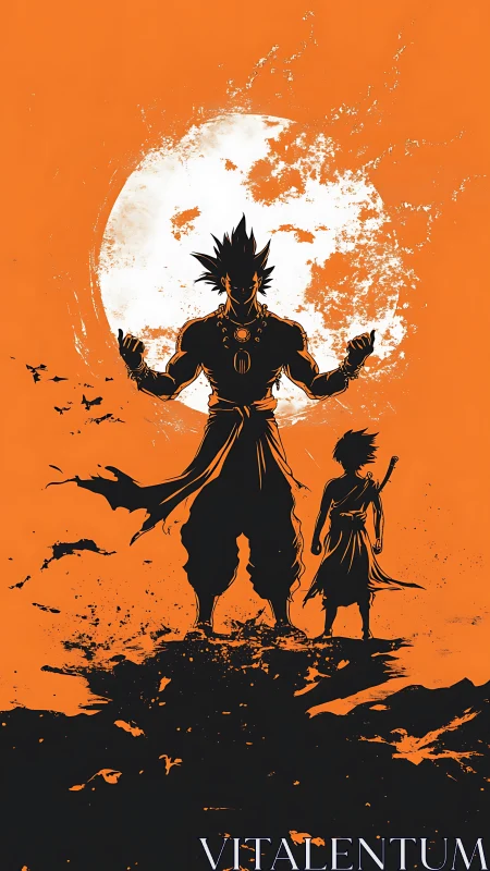 Moonlit warrior and young swordsman stride through burning dusk.