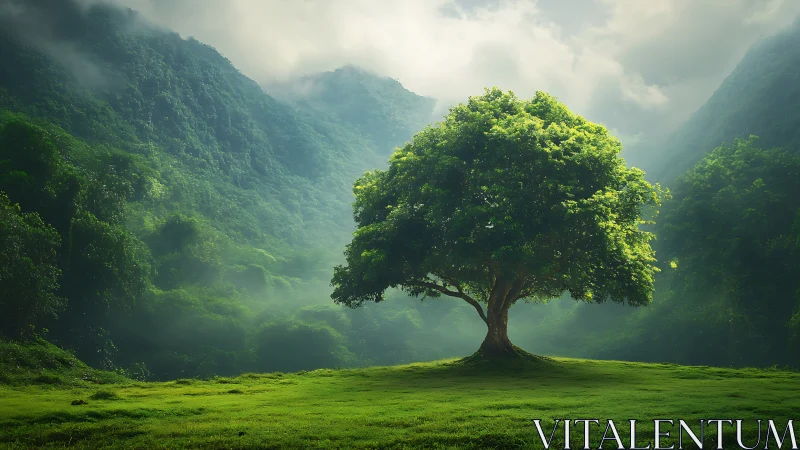 Solitary deciduous tree on misted valley floor in soft daylight