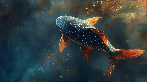 Spotted koi glides through luminous teal water column.