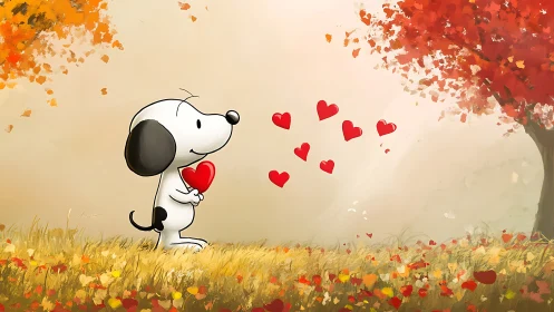 Snoopy Sends Love Among Autumn Leaves.