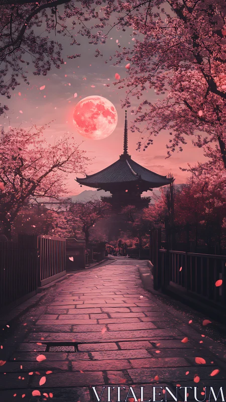 Moonlit sakura pathway hums softly around the temple spire