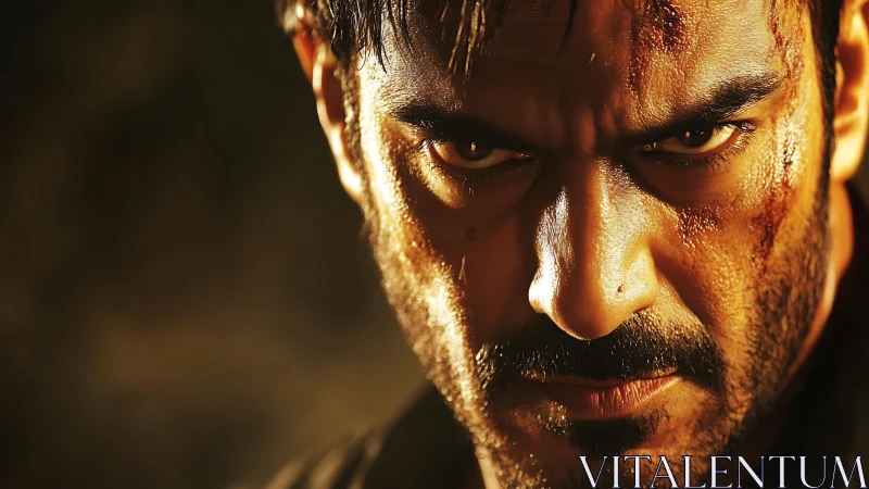 Close frontal portrait shows injured man under hard lighting