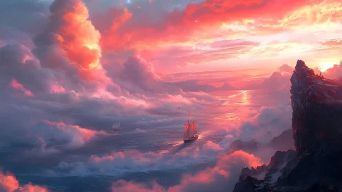 Digital seascape with sunset cloud vistas and lone schooner.