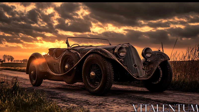 Photorealistic vintage roadster under dramatic sunset sky.