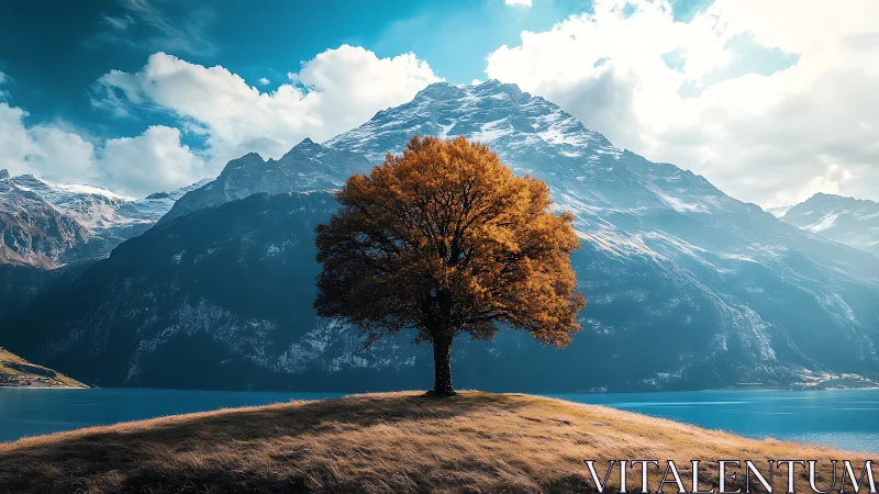 Solitary autumn tree centered against glacial alpine lake backdrop