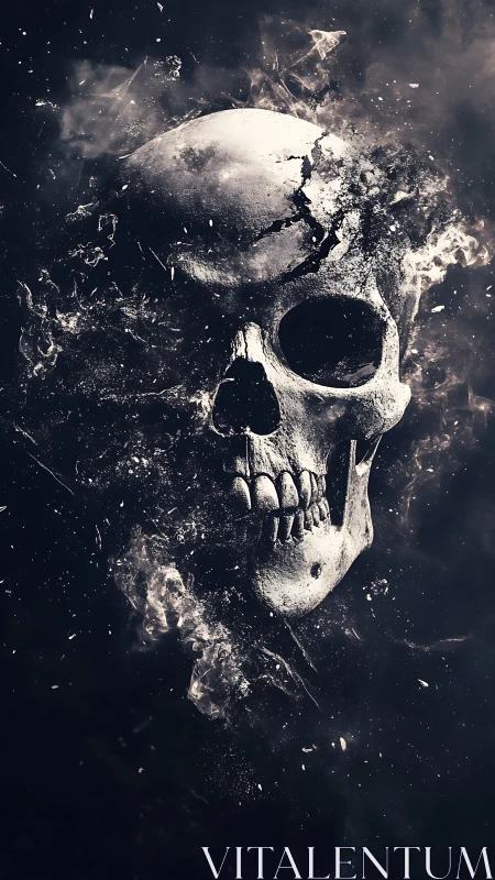 Fragmented human skull dissolving in abstract cosmic dust.