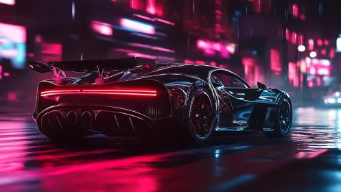 Futuristic sports car on wet neon city street at night.