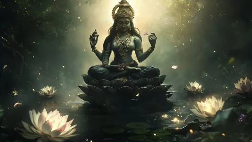 Serene lotus goddess meditating in luminous forest pond.