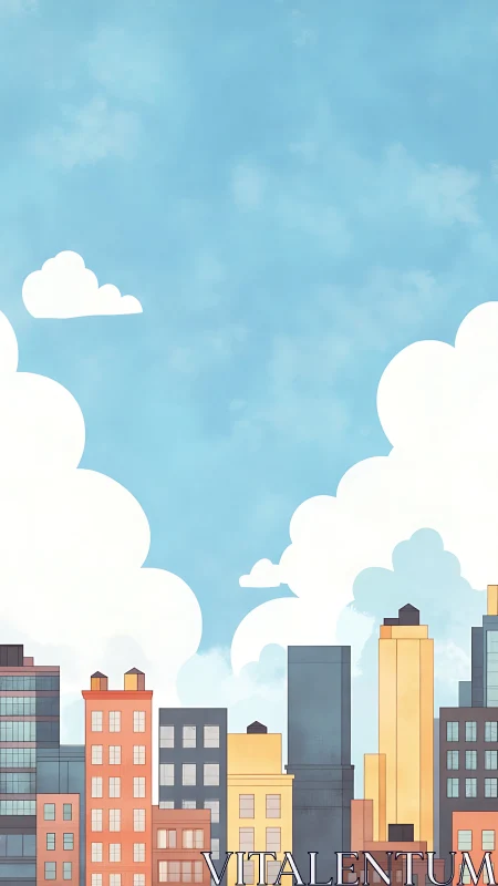 Colorful low-rise and high-rise city buildings stand under clouds
