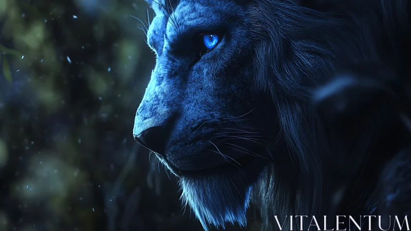 Midnight blue lion gazes through glowing forest shadows