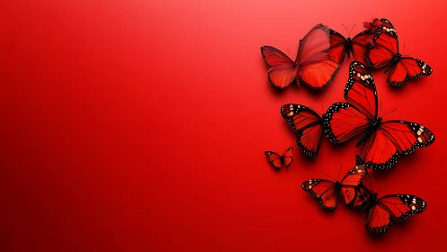 Scarlet butterflies drift in vivid minimal red negative space