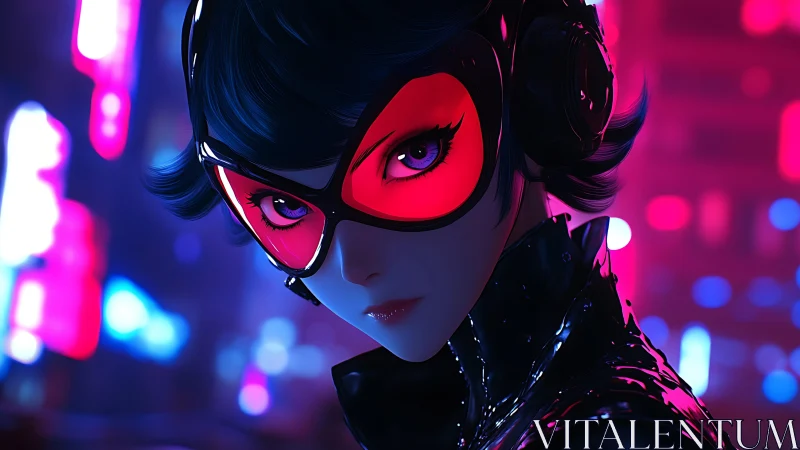 Neon mask vigilante stalks the cyberpunk city nightscape.