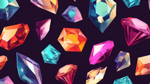 Multicolor faceted gemstones floating on dark gradient field