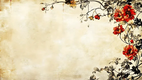 Vintage parchment with ornate red floral corner frame.