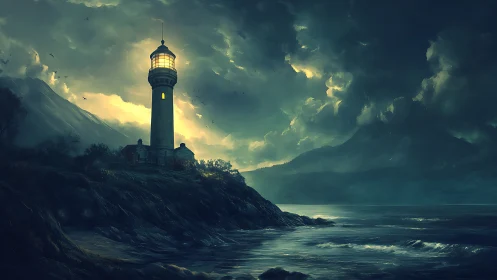 Stormlit lighthouse guards a brooding, moonless ocean horizon.