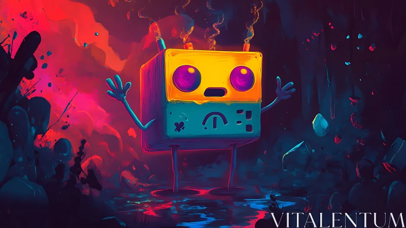 Glowing robot cube stands in neon mist with worried expression