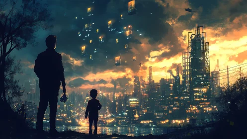 Silhouetted figures watch glowing cyberpunk city at dusk