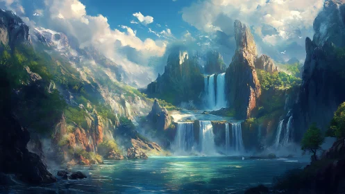 Layered alpine waterfalls cascade into misty turquoise basin